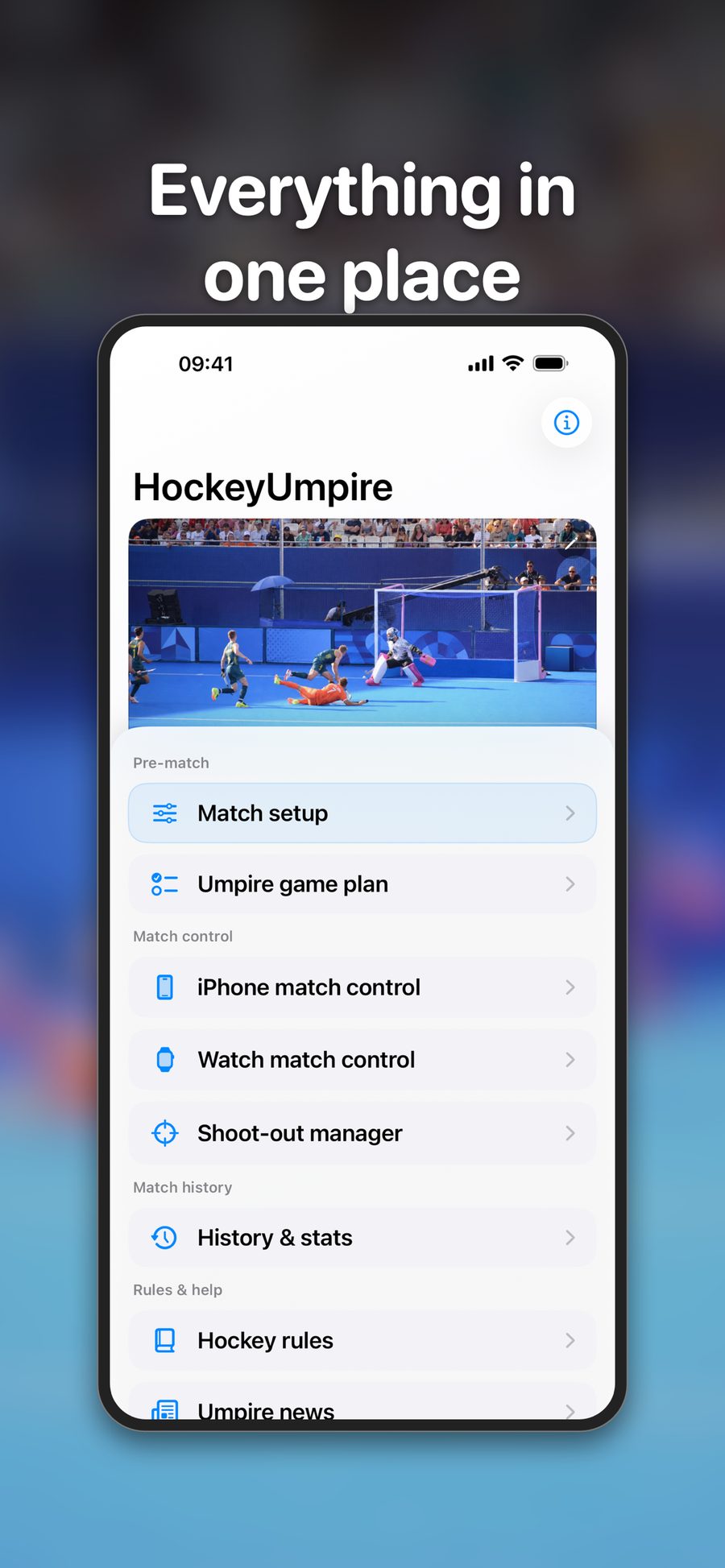 HockeyUmpire startscherm met alle wedstrijdfuncties