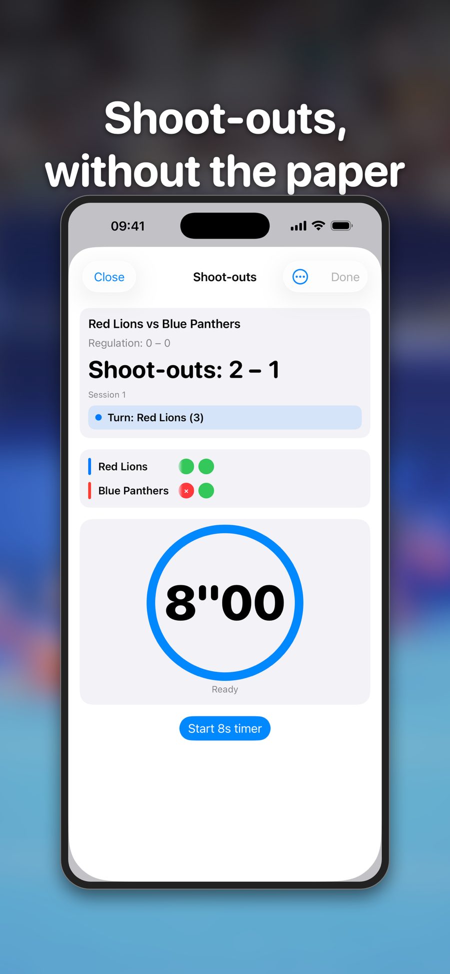 Shoot-out manager met 8-seconden-timer